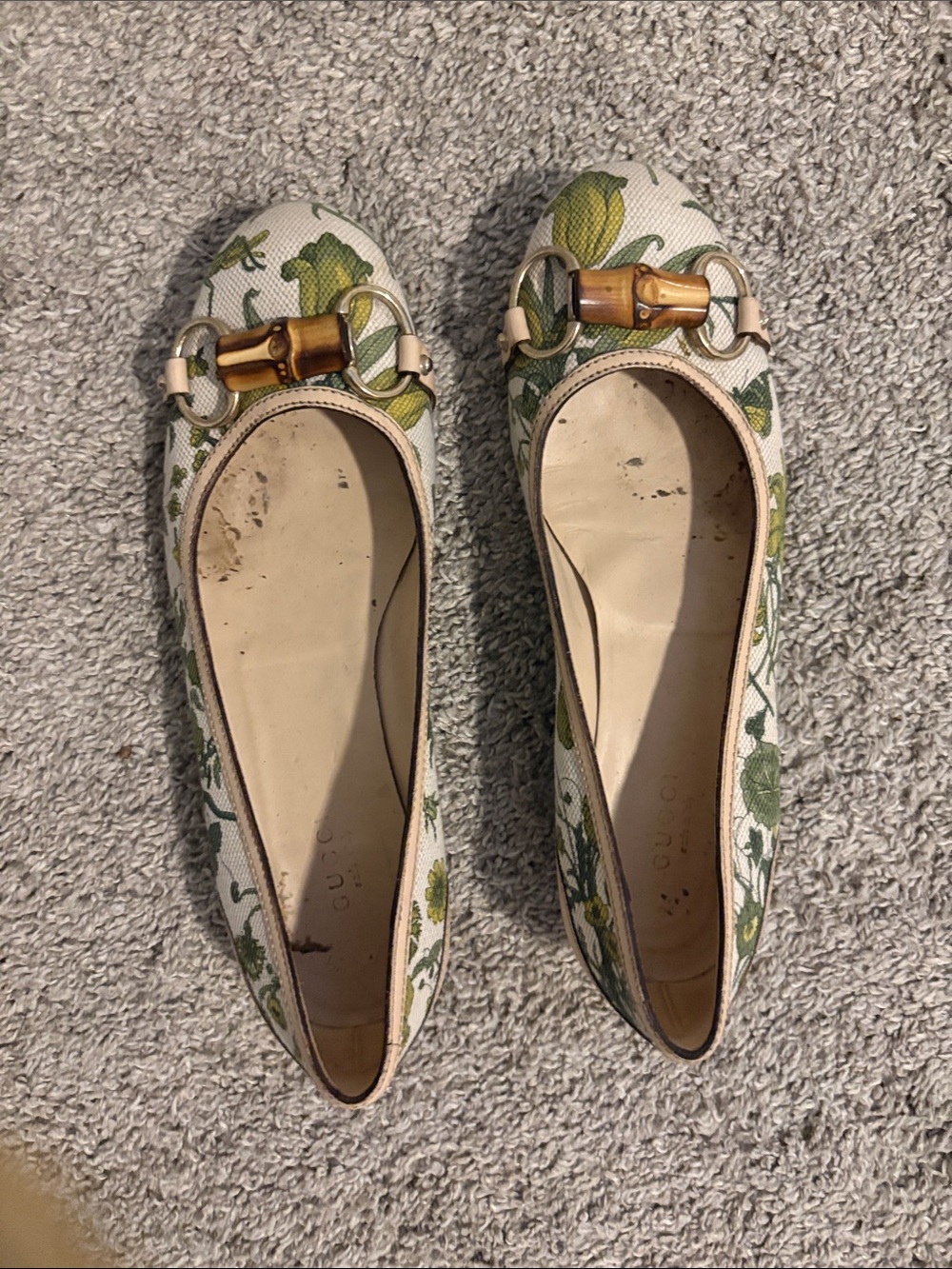 Gucci Floral Canvas Bamboo Bit Ballet Flats in Green and Cream